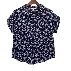 Fig + Flower Women Embroidered Button Down Shirt S Navy White Short Sleeve Boho